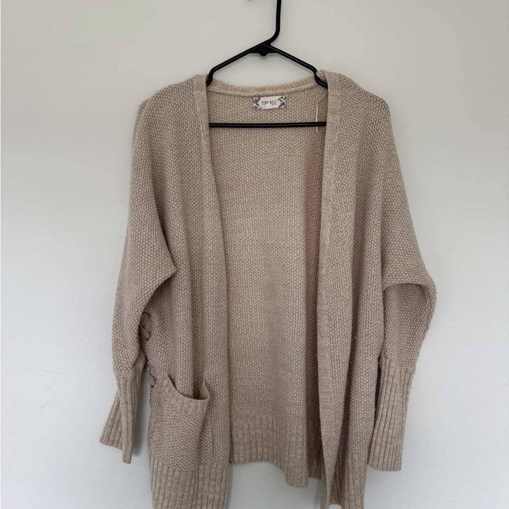 Pink Rose Neutral Beige Open-Front Knit Cardigan